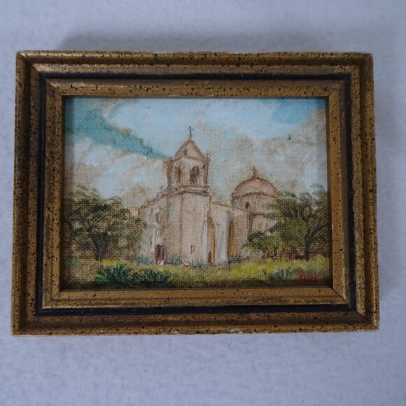 Vintage Miniature Oil Painting Landscape Church Gold Frame Signed Original - Picture 1 of 9